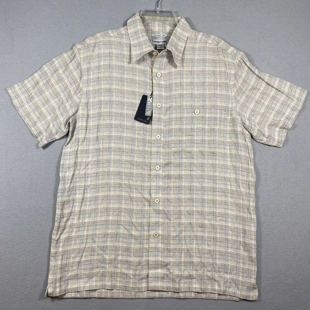 Vintage Chereskin Mens Linen Rayon Shirt Size L Beige Checkered Short Sleeve New